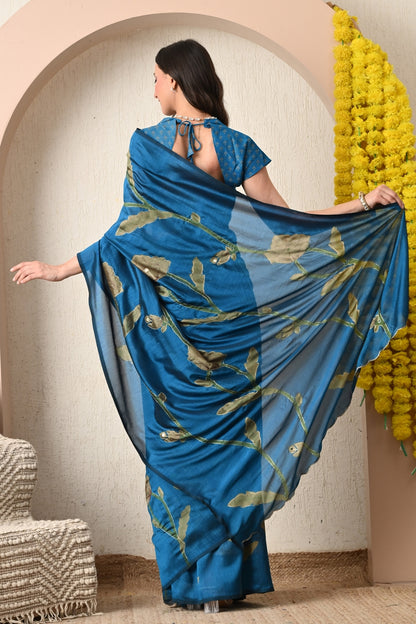 Premium Silk Blend Floral Print Hand Work Saree with Blouse Piece