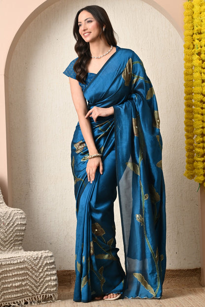 Premium Silk Blend Floral Print Hand Work Saree with Blouse Piece