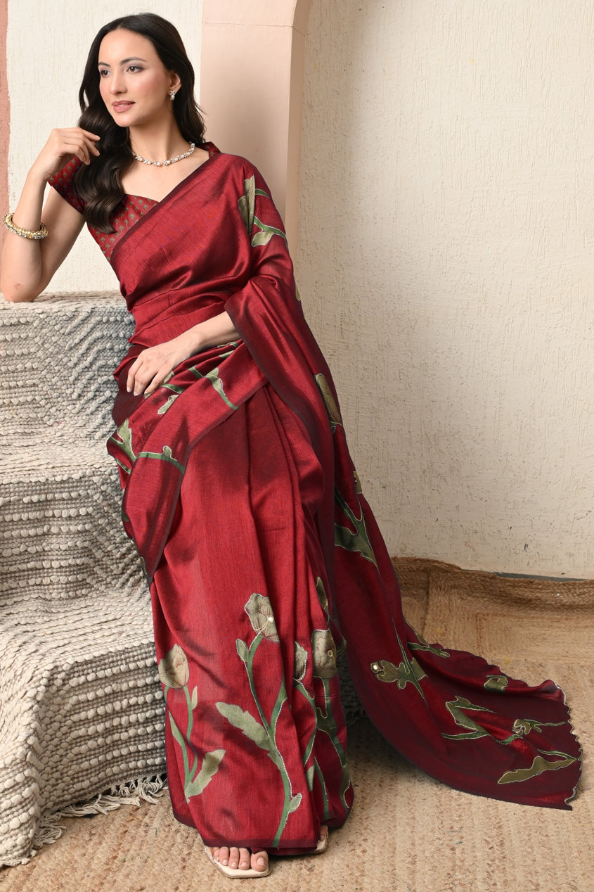 Premium Silk Blend Floral Print Hand Work Saree with Blouse Piece