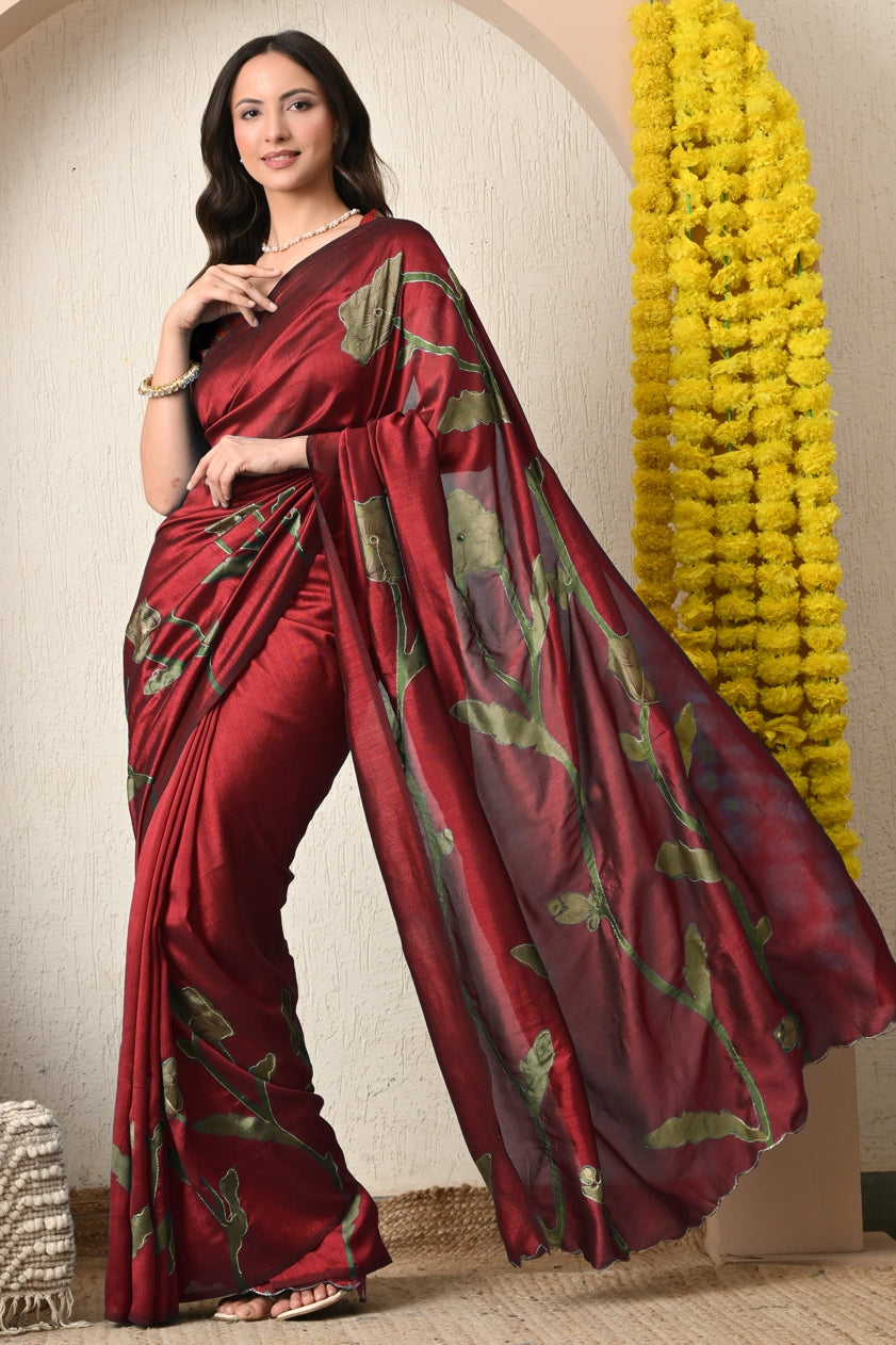 Premium Silk Blend Floral Print Hand Work Saree with Blouse Piece