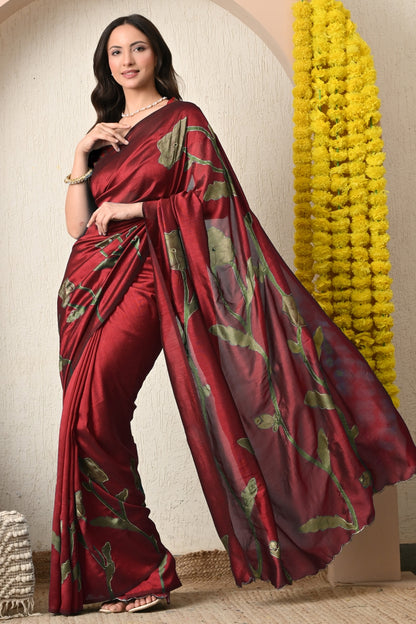Premium Silk Blend Floral Print Hand Work Saree with Blouse Piece