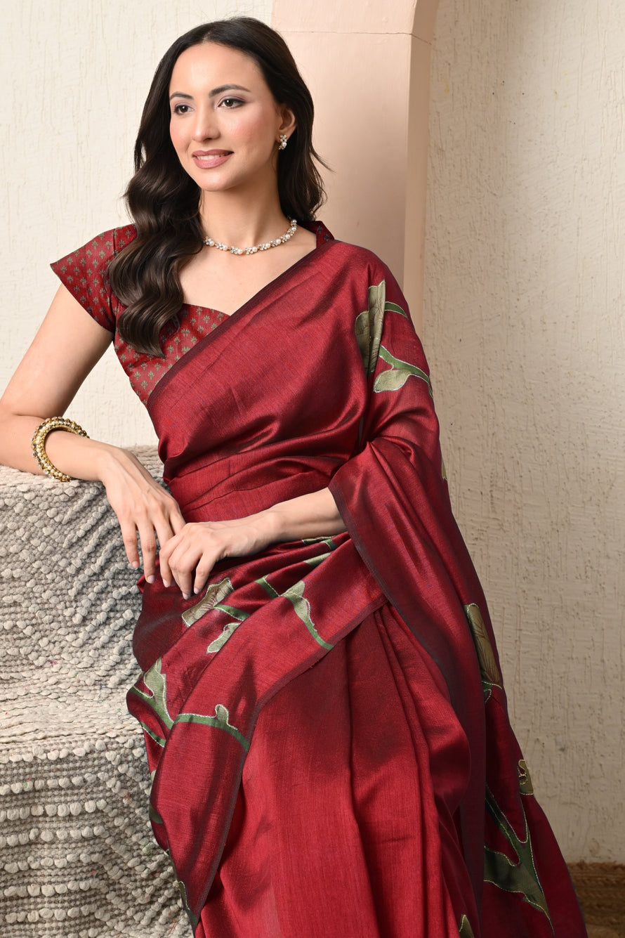 Premium Silk Blend Floral Print Hand Work Saree with Blouse Piece