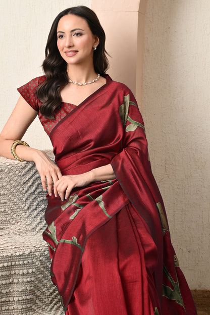 Premium Silk Blend Floral Print Hand Work Saree with Blouse Piece