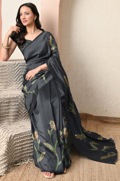 Premium Silk Blend Floral Print Hand Work Saree with Blouse Piece