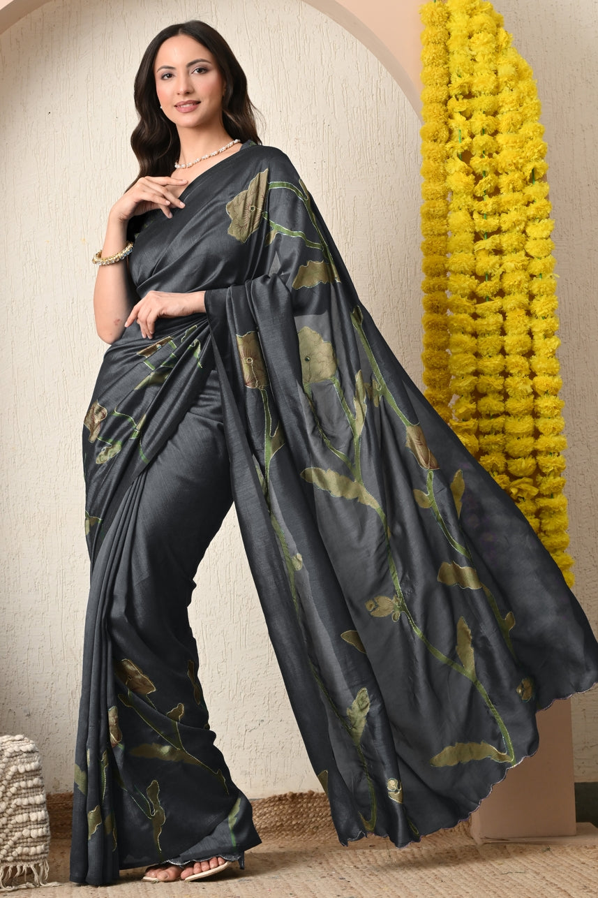 Premium Silk Blend Floral Print Hand Work Saree with Blouse Piece