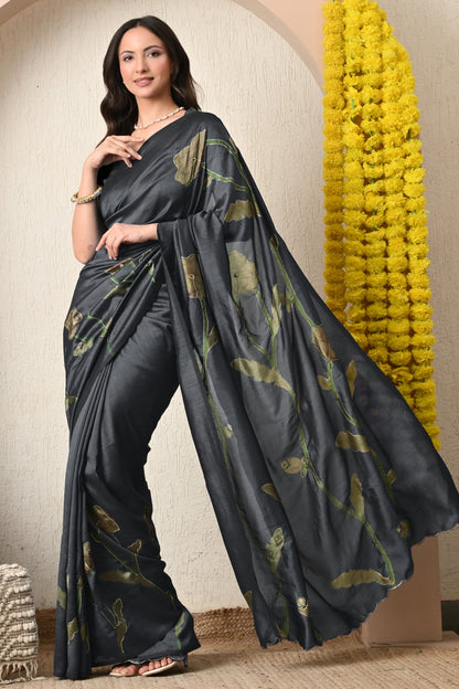 Premium Silk Blend Floral Print Hand Work Saree with Blouse Piece