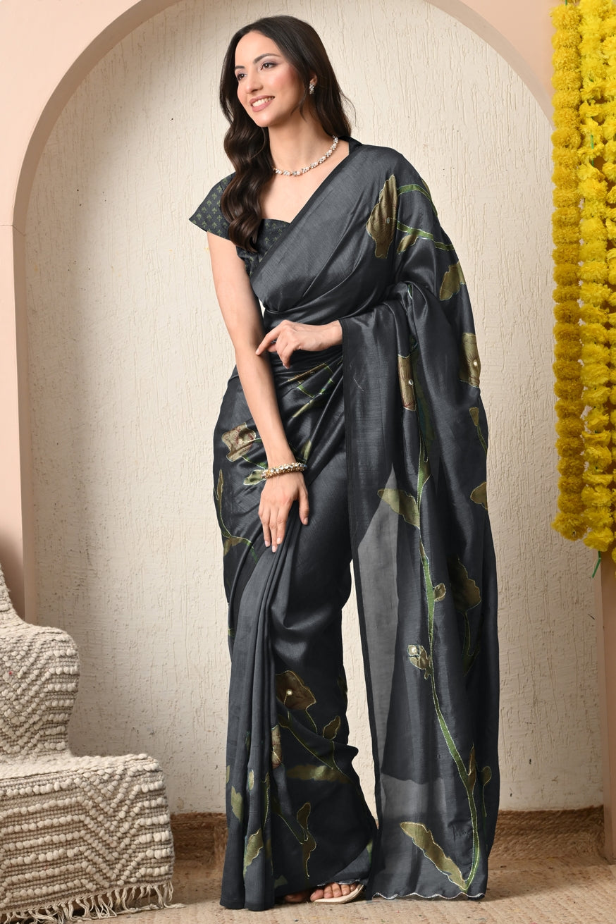 Premium Silk Blend Floral Print Hand Work Saree with Blouse Piece