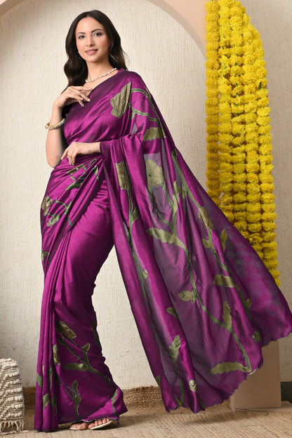 Premium Silk Blend Floral Print Hand Work Saree with Blouse Piece