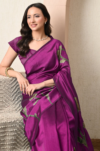 Premium Silk Blend Floral Print Hand Work Saree with Blouse Piece