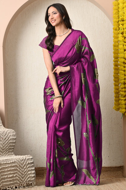 Premium Silk Blend Floral Print Hand Work Saree with Blouse Piece