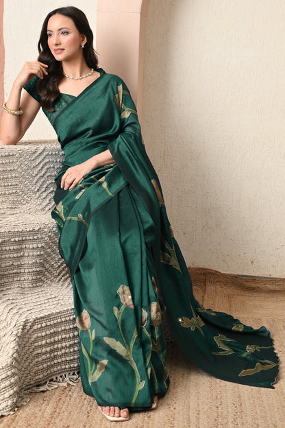 Premium Silk Blend Floral Print Hand Work Saree with Blouse Piece