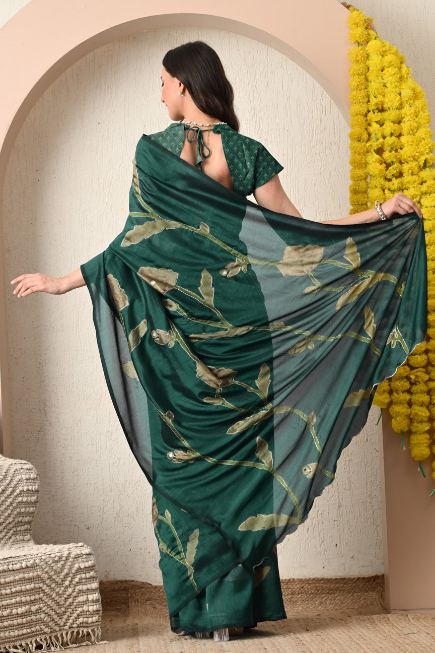 Premium Silk Blend Floral Print Hand Work Saree with Blouse Piece