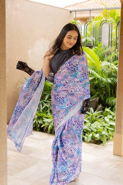 Vibrant Blue and Purple Animal Printed Satin Georgette Saree