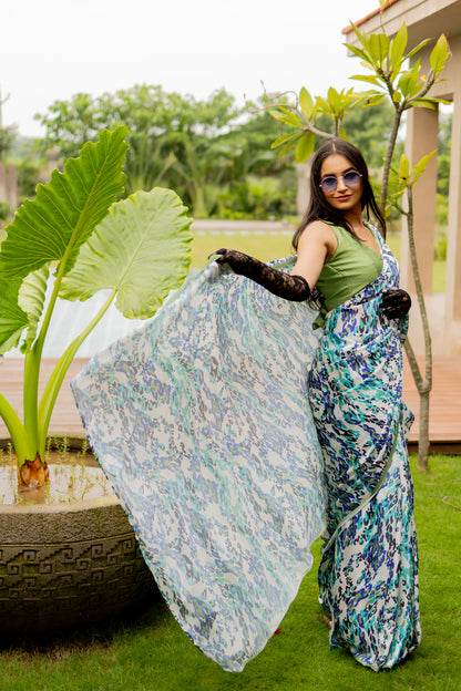 Elegant Blue Animal Printed Satin Georgette Saree