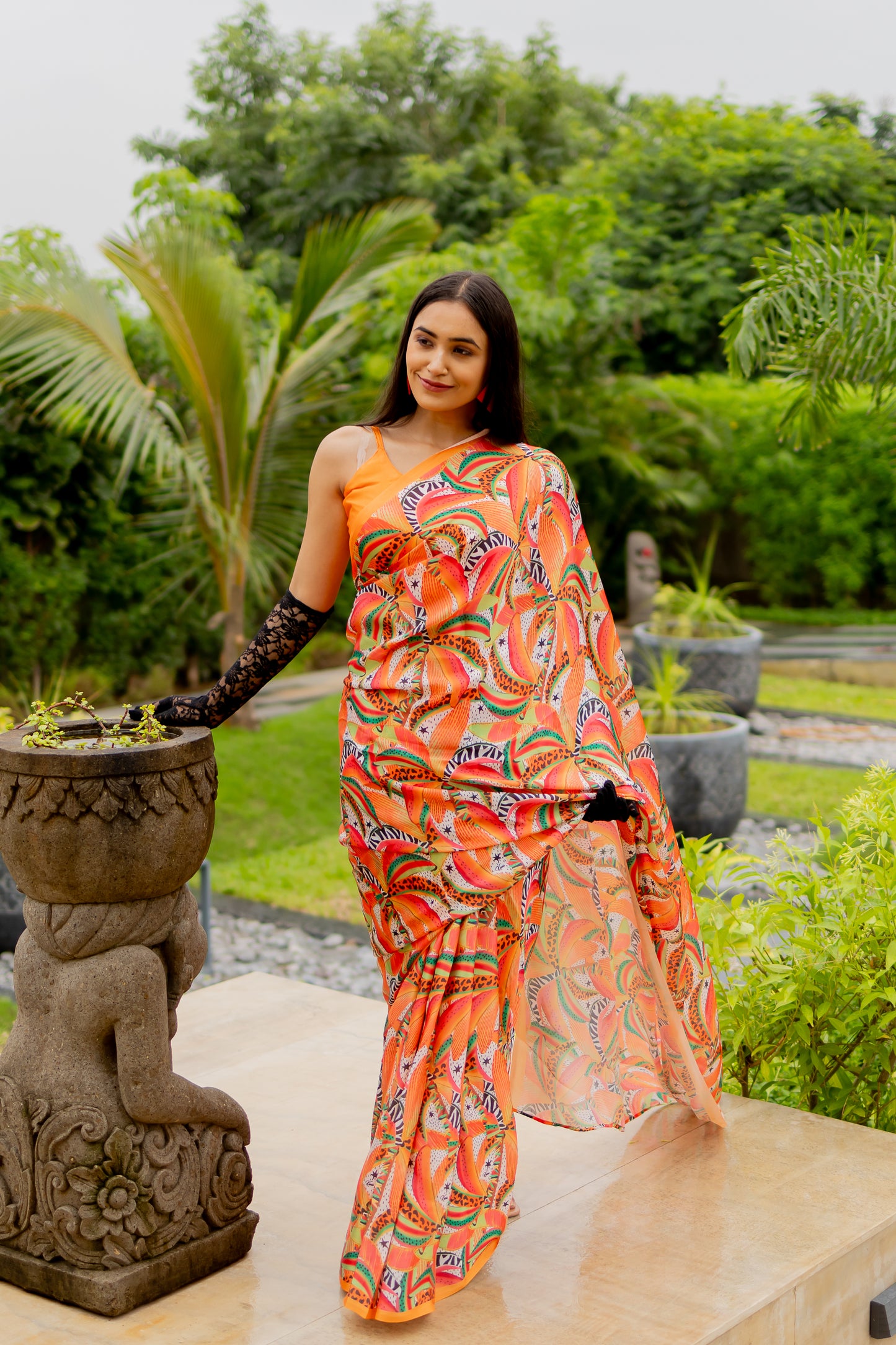 Vibrant Tropical Printed Satin Georgette Saree