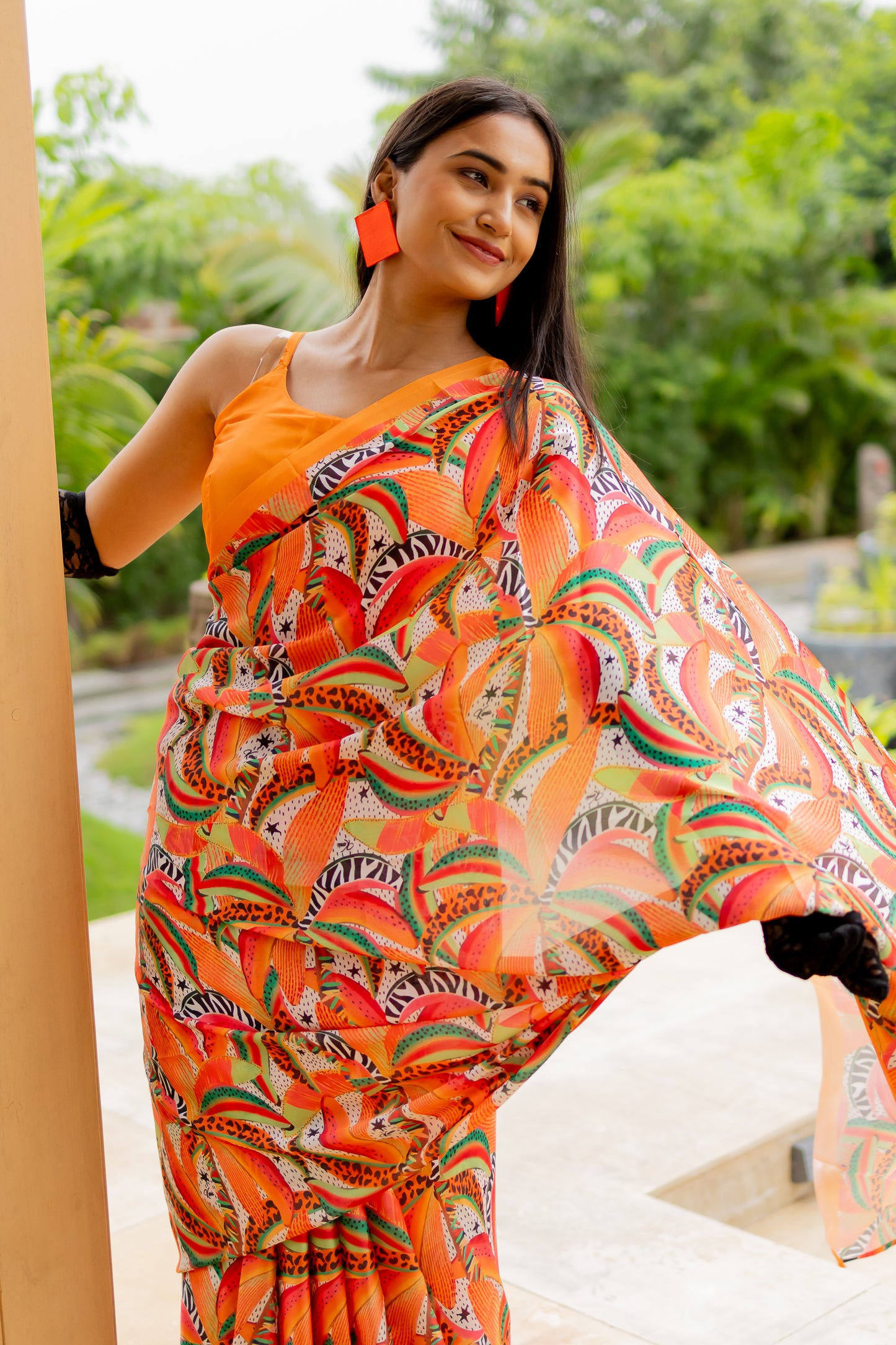 Vibrant Tropical Printed Satin Georgette Saree