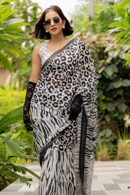 White Leopard Print Poly-Cotton Saree