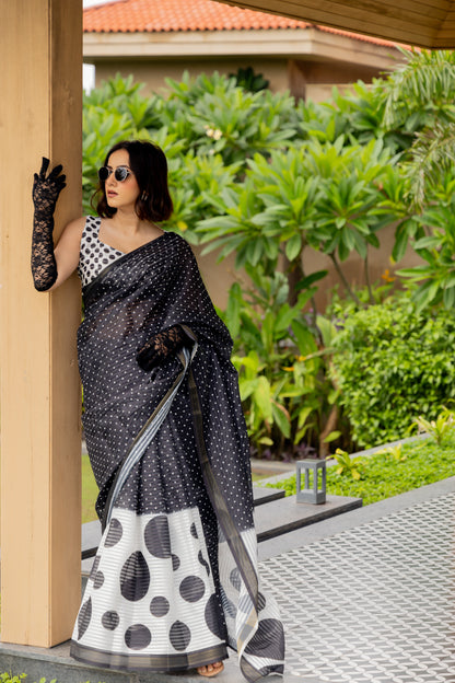 Polka Dot and Circular Pattern Poly-Cotton Saree