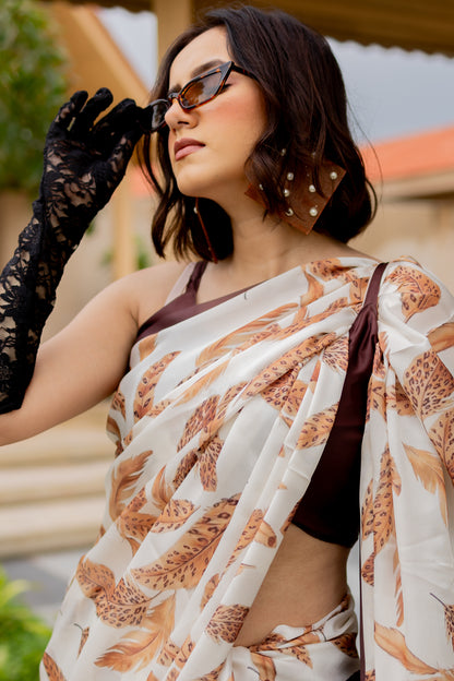 Elegant Cream and Brown Leaf Pattern Satin Georgette Saree