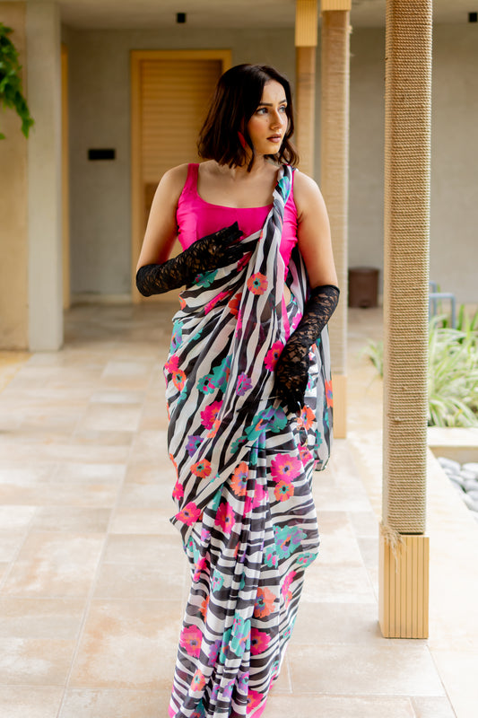 Bold strippes with flower Printed Satin Georgette Saree