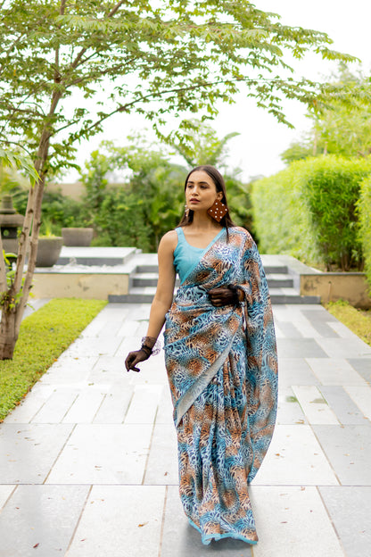 Elegant Satin Georgette Saree with coloured animal prints