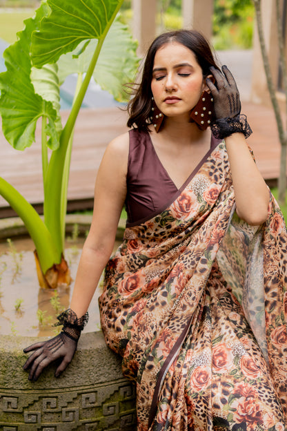 Elegant Floral Animal Printed Satin Georgette Saree