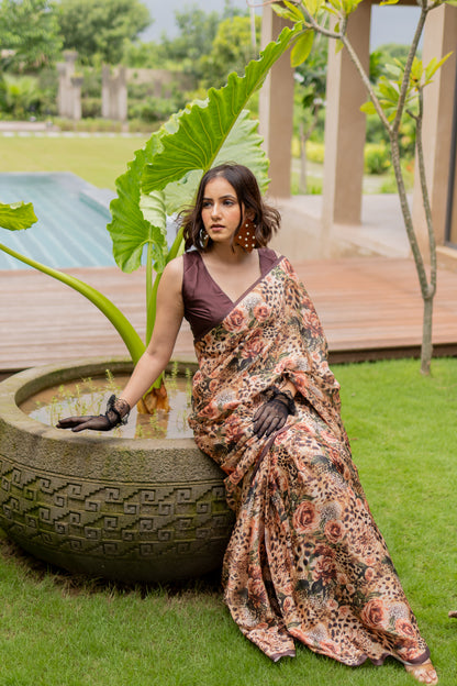 Elegant Floral Animal Printed Satin Georgette Saree