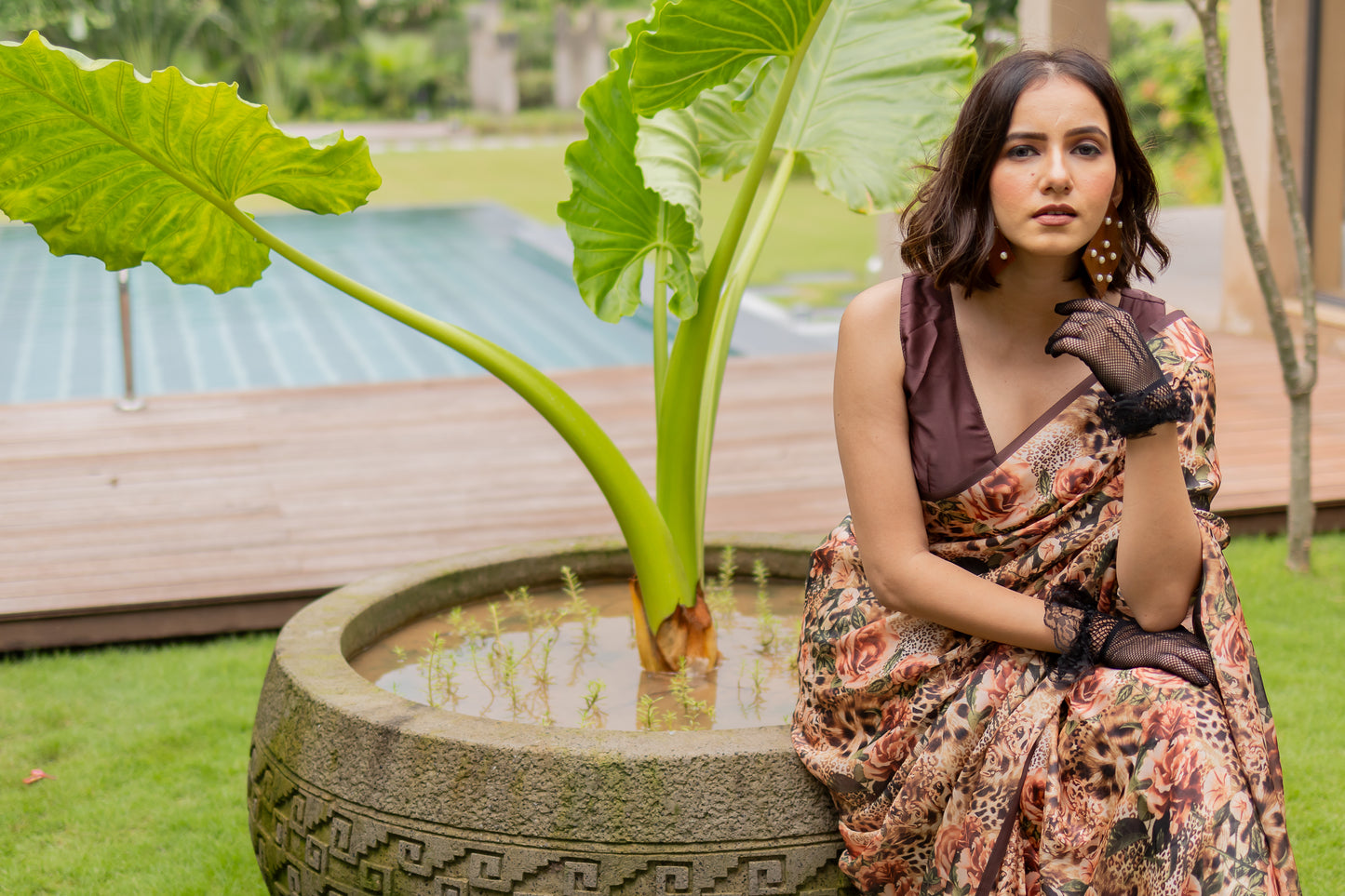 Elegant Floral Animal Printed Satin Georgette Saree