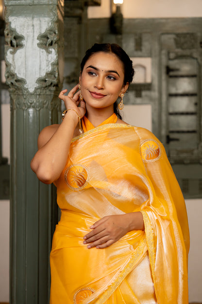 Radiant Orange Chiffon Saree with Gold Detailing