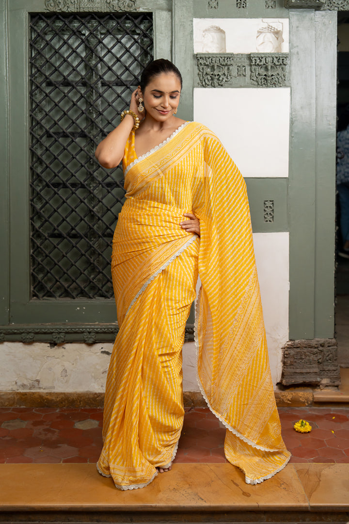 Elegant Yellow Leheriya Chiffon Saree With Gota Lace