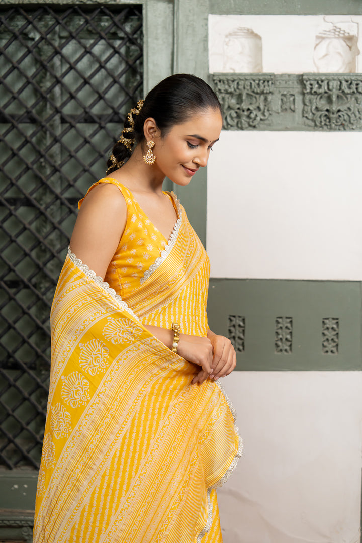 Elegant Yellow Leheriya Chiffon Saree With Gota Lace