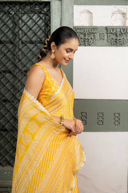 Elegant Yellow Leheriya Chiffon Saree With Gota Lace