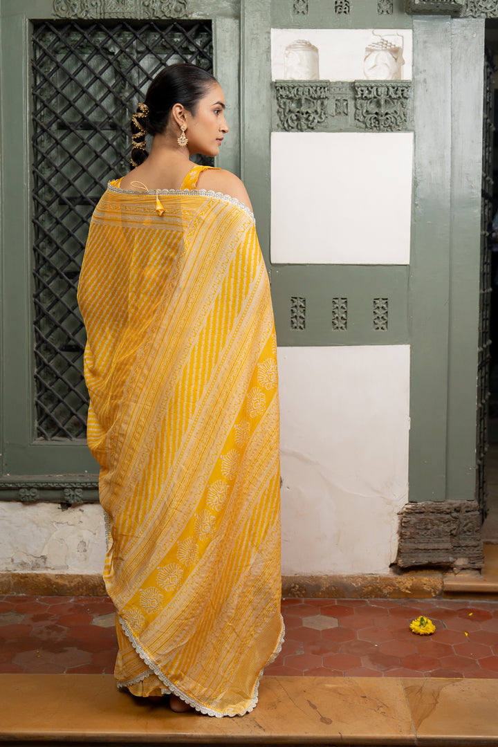 Elegant Yellow Leheriya Chiffon Saree With Gota Lace