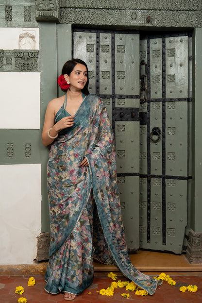 Chiffon Floral Print Saree with Delicate Work