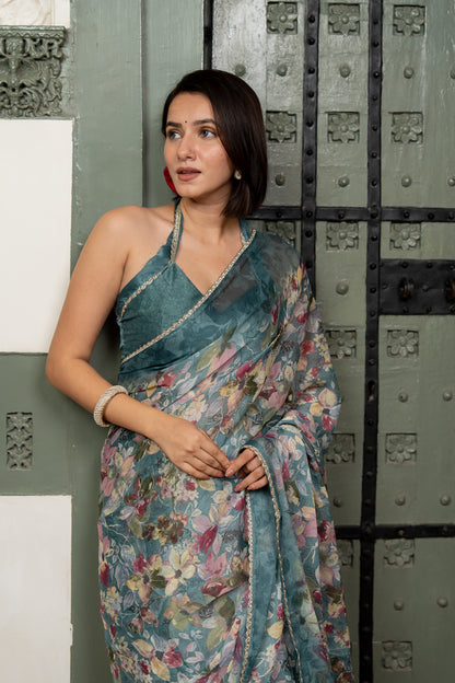 Chiffon Floral Print Saree with Delicate Work