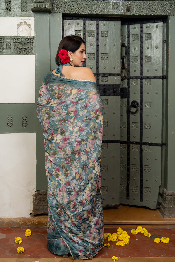 Chiffon Floral Print Saree with Delicate Work