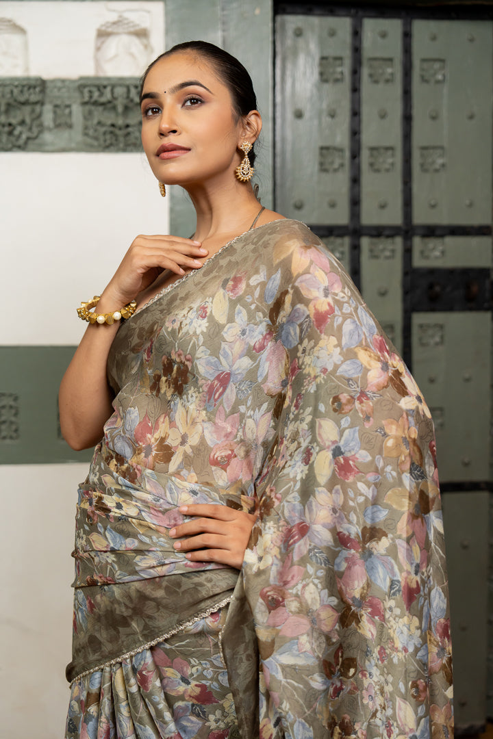 Chiffon Floral Print Saree with Delicate Work