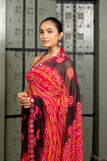 Elegant Georgette Bandhani Printed With Mirror Lace Saree