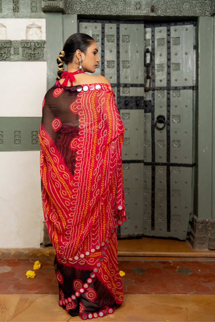 Elegant Georgette Bandhani Printed With Mirror Lace Saree