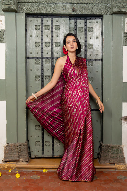 Graceful Dark Pink Striped Chiffon Saree With Lace