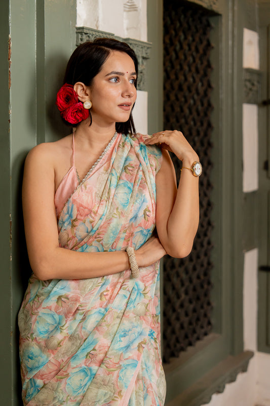 Elegant Pastel Floral Printed Chiffon Saree