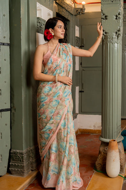 Elegant Pastel Floral Printed Chiffon Saree