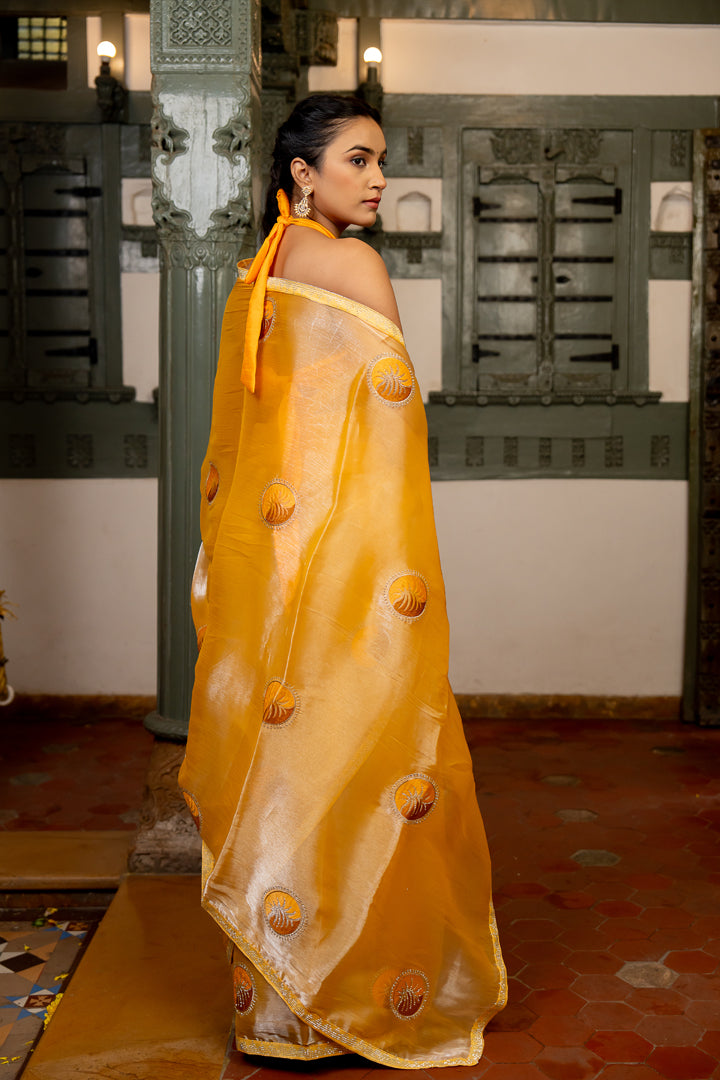 Radiant Orange Chiffon Saree with Gold Detailing