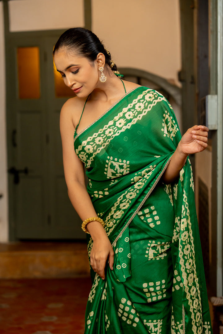 Elegant Green Batik Block Printed Chiffon Saree With Lace