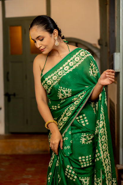 Elegant Green Batik Block Printed Chiffon Saree With Lace