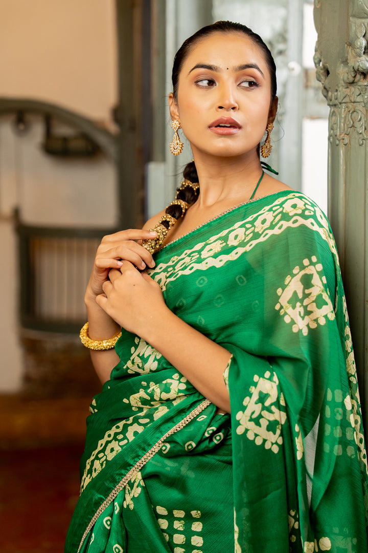 Elegant Green Batik Block Printed Chiffon Saree With Lace