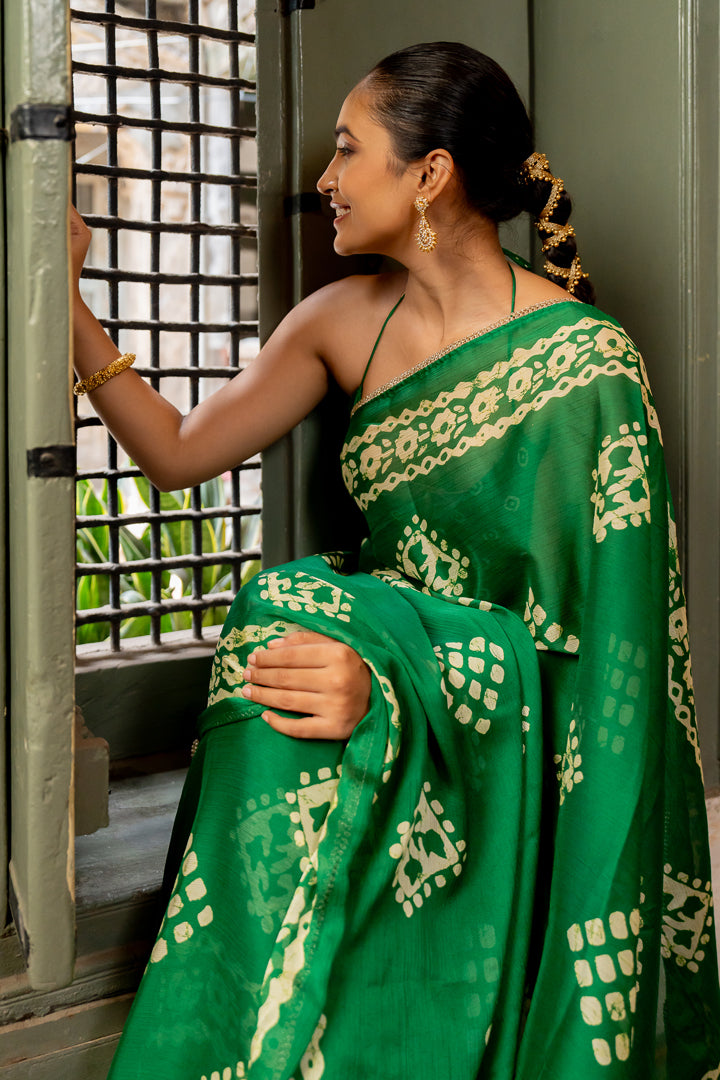 Elegant Green Batik Block Printed Chiffon Saree With Lace