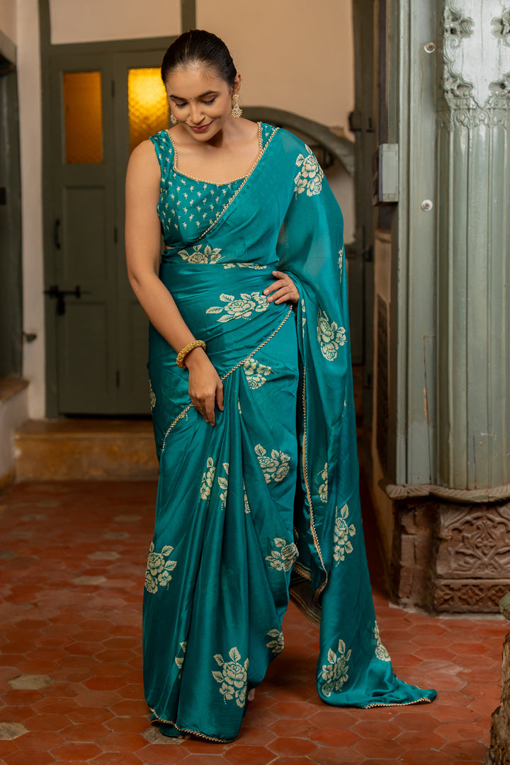 Turquoise Chiffon Saree with Silver Embroidery