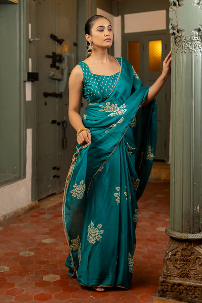 Turquoise Chiffon Saree with Silver Embroidery