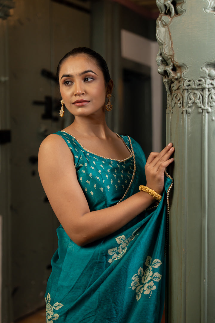 Turquoise Chiffon Saree with Silver Embroidery